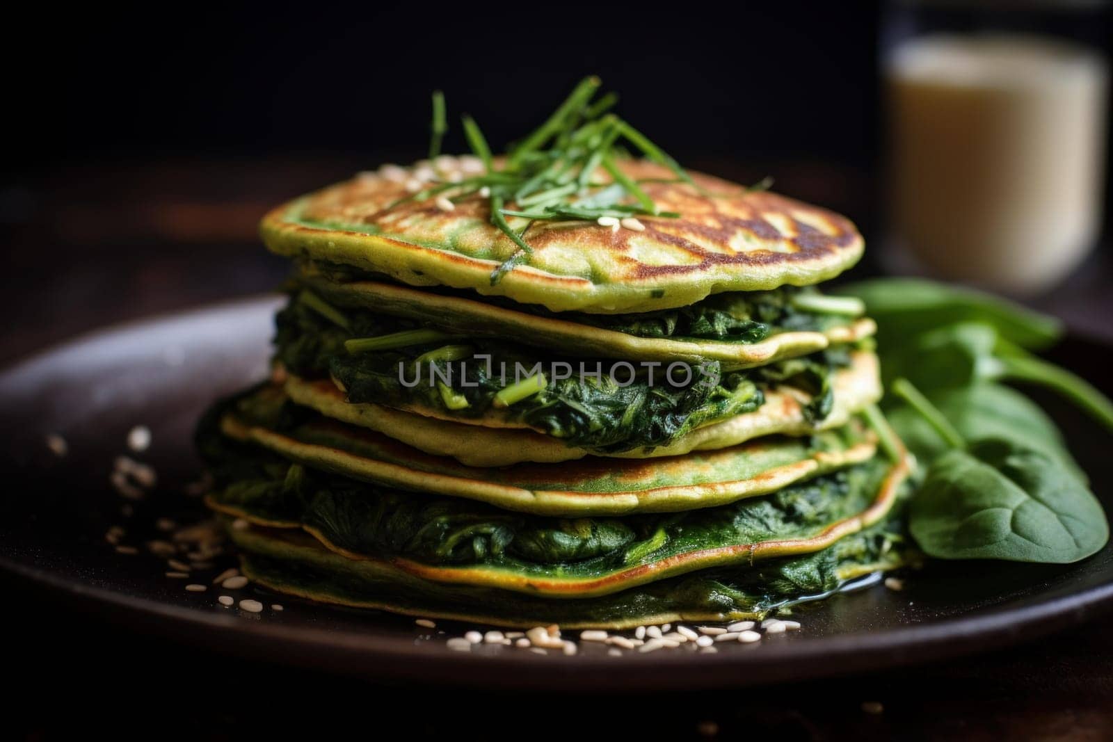 Heartwarming Hot pancakes with green spinach. Tasty eating. Generate Ai