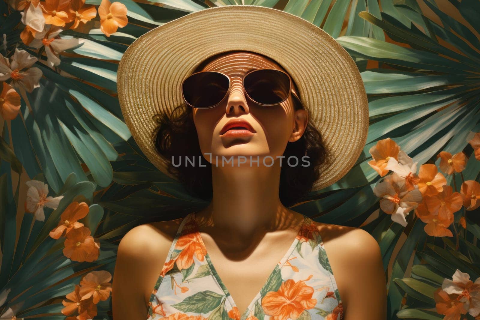 Tropical Palm woman summer. Woman sun beach. Generate Ai