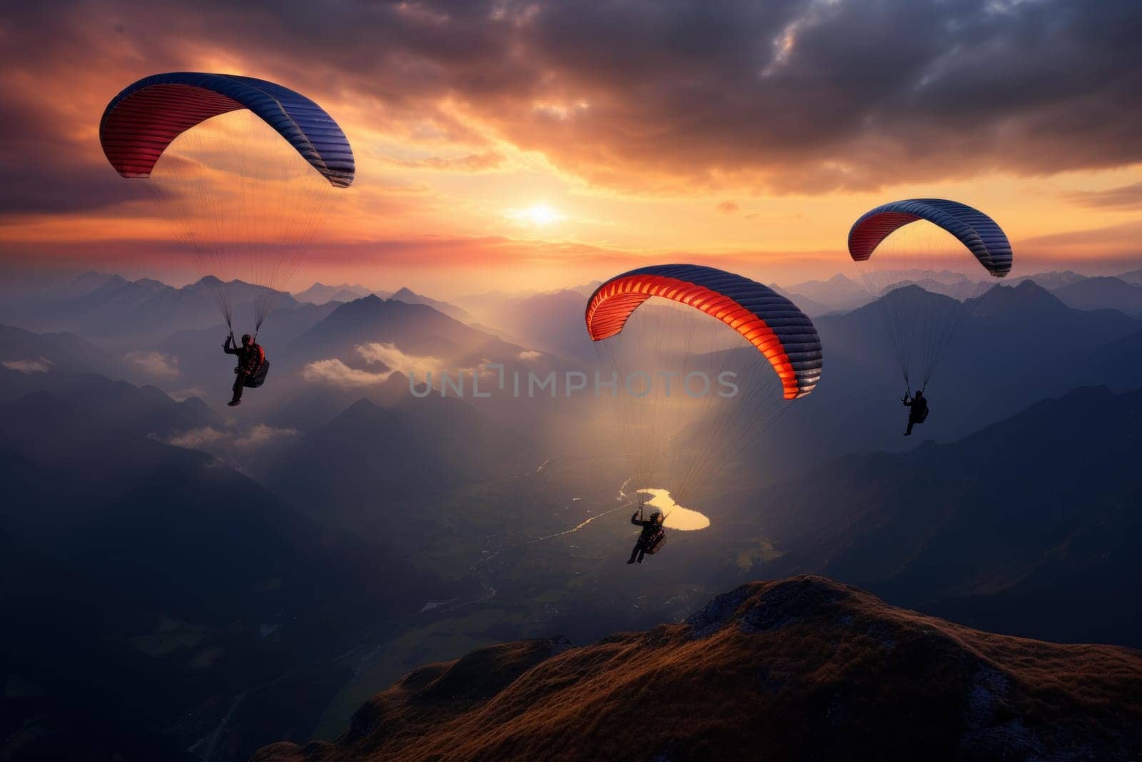 Scenic Paragliders mountains sunset background. Extreme sport. Generate Ai