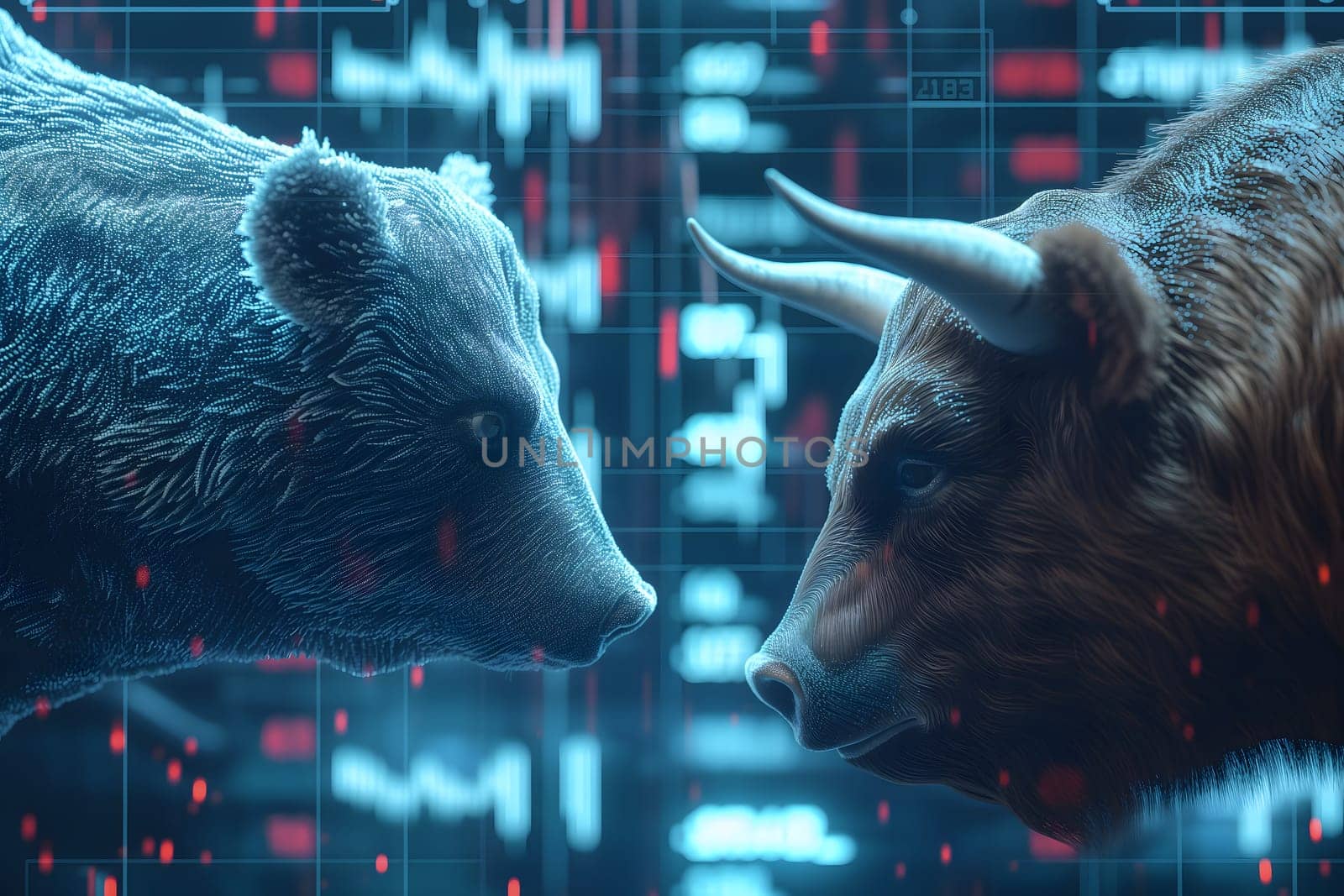 Bear and bull going head to head with trading charts behind them, in the style of stock market, wild and daring. Neural network generated image. Not based on any actual person or scene.