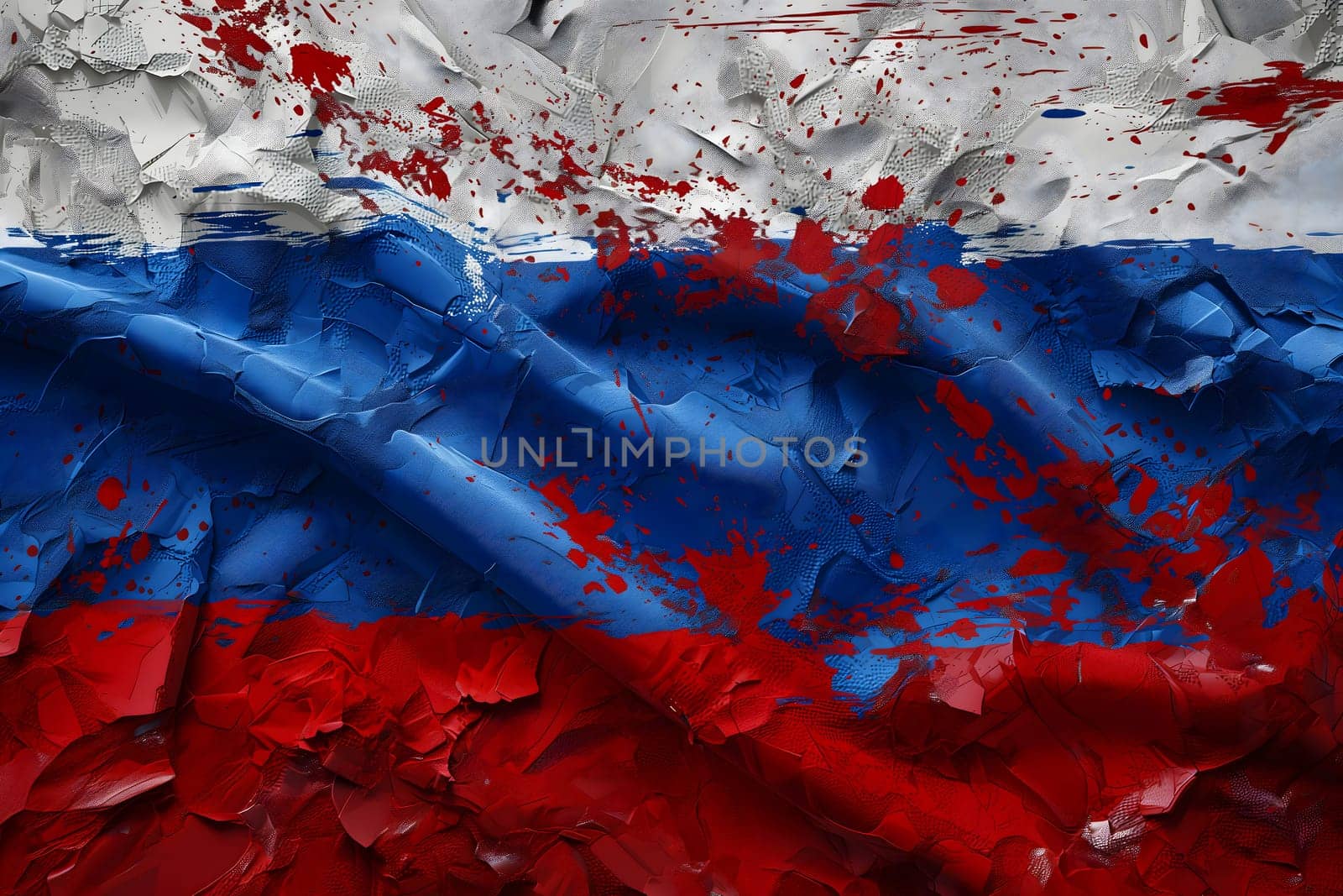 Russian flag covered with blood splatter fill-frame close view. Neural network generated in January 2024. Not based on any actual scene.