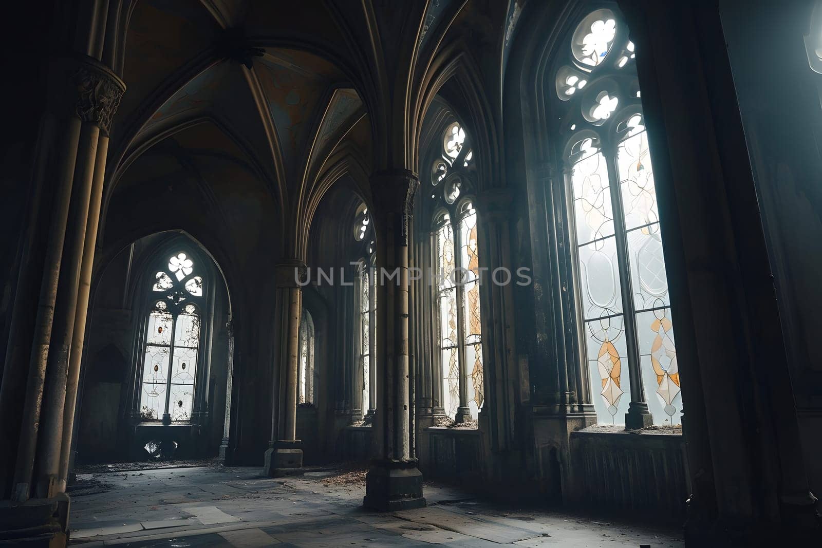 Dark gothic abandoned ancient chapel hall interior with tall windows and columns, foggy and empty. Neural network generated in January 2024. Not based on any actual scene or pattern.
