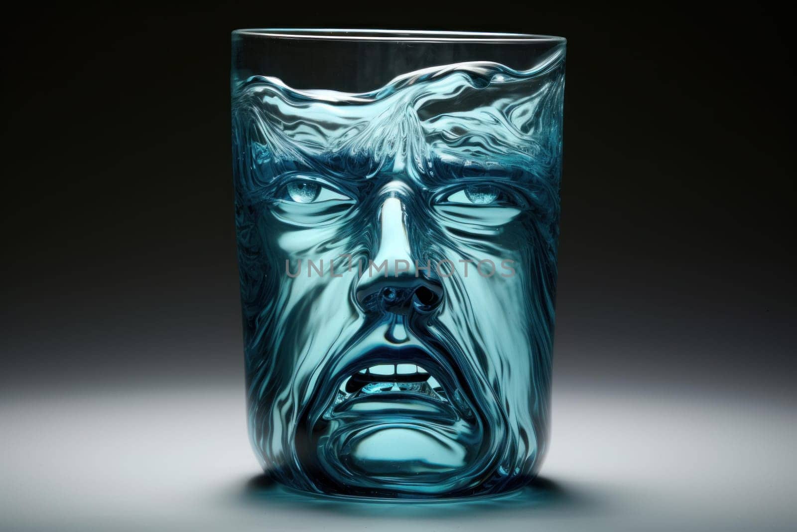 Pareidolia phenomenon in glass of water. Crystal pure water with human face shape. Generate ai