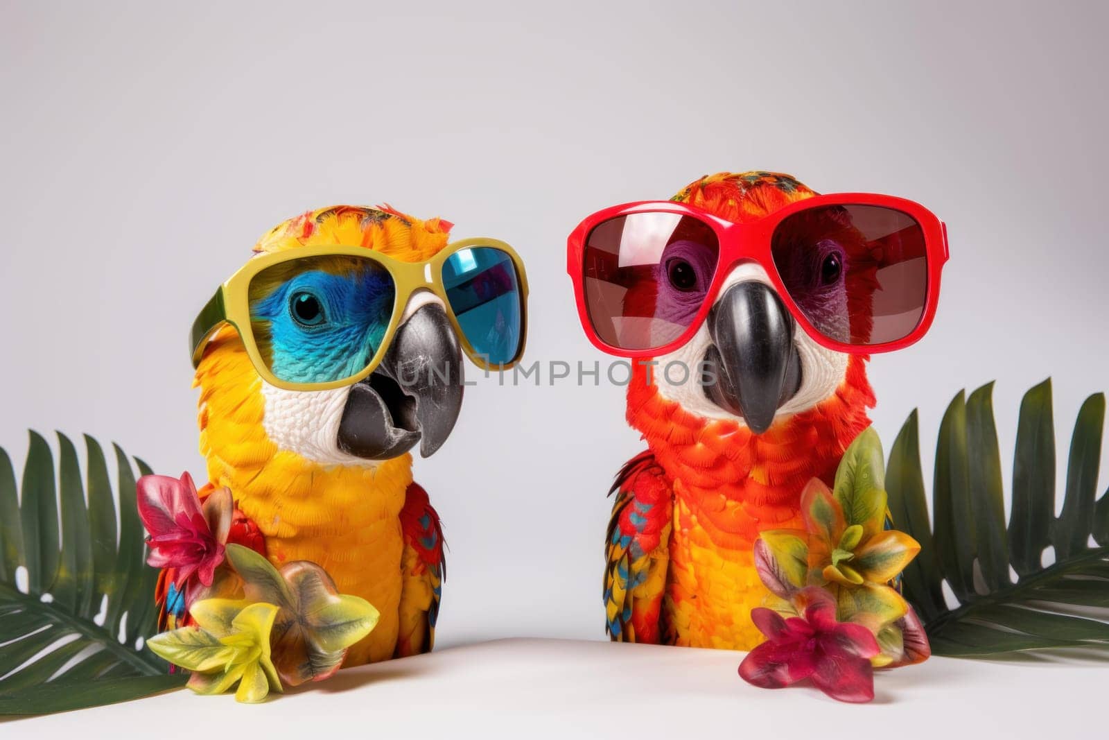 Stylish Parrots party glasses. Carnival talk. Generate Ai
