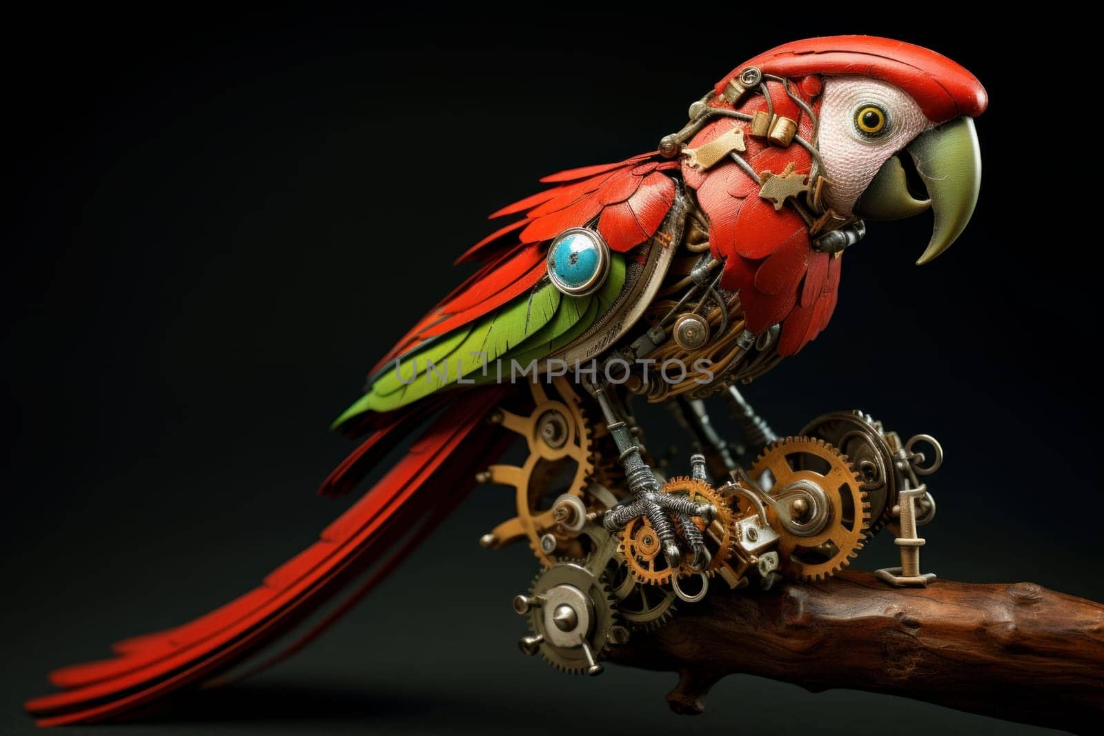 Imaginative Steelpunk parrot. Nature tree branch. Generate Ai
