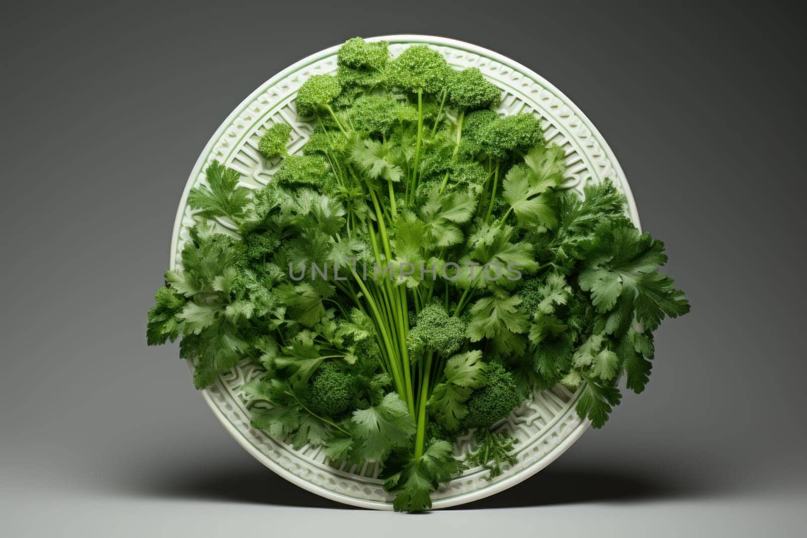Aromatic Fresh parsley plate. Green healthy kitchen plant on wooden table. Generate ai