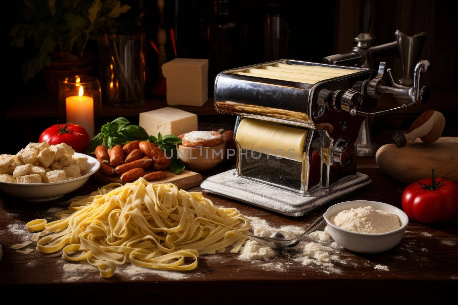 Multifunctional Pasta maker with dough and products. Home cooking culinary table machine. Generate Ai