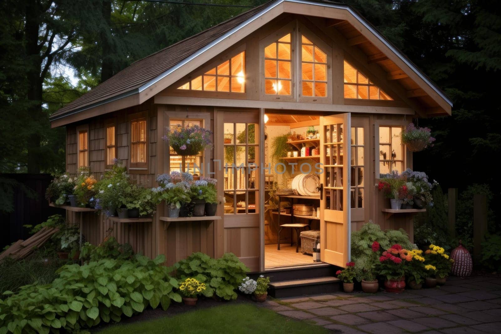Inviting Patio garden shed sun shine. Wood work. Generate Ai