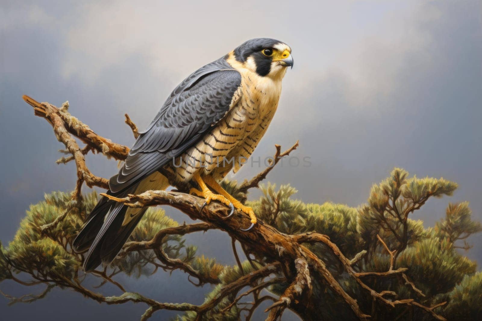 Peregrine falcon sitting on tree branch. Wildlife prey bird with black beak. Generate ai