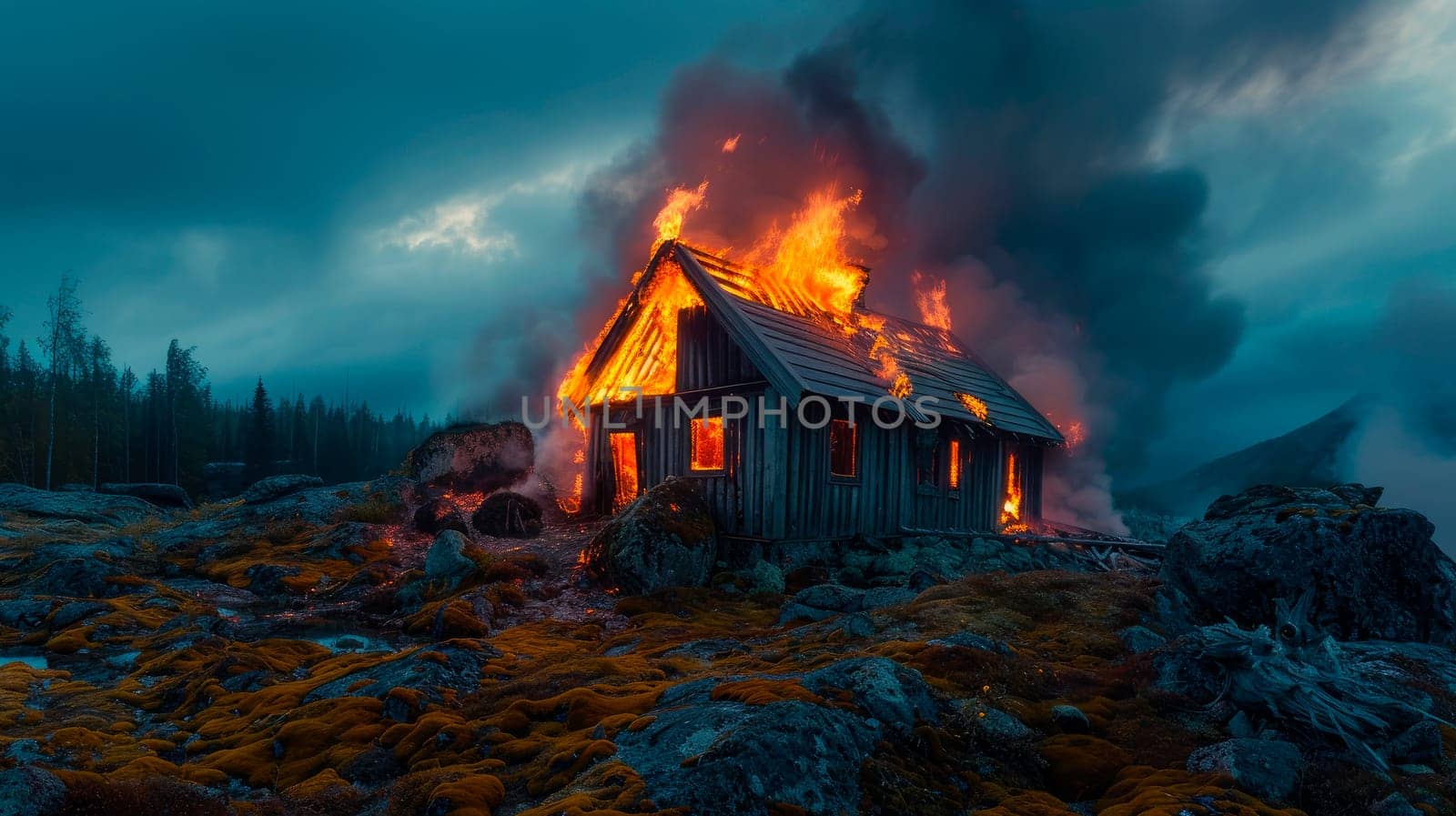 Old wooden house on fire engulfed in flames on a rocky nordic mossy terrain. Small abandoned farm house on fire. AI generated