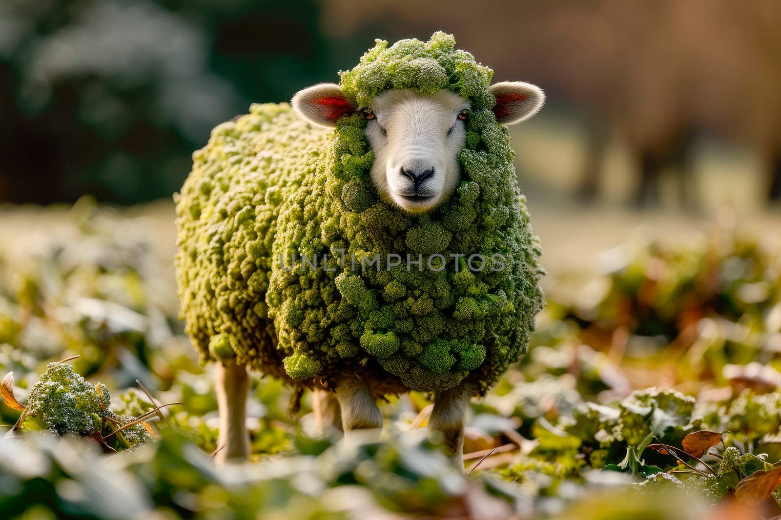 World vegetarian day concept. Sheep body covered in green broccoli. Eat vegetable for healthy life. AI generated