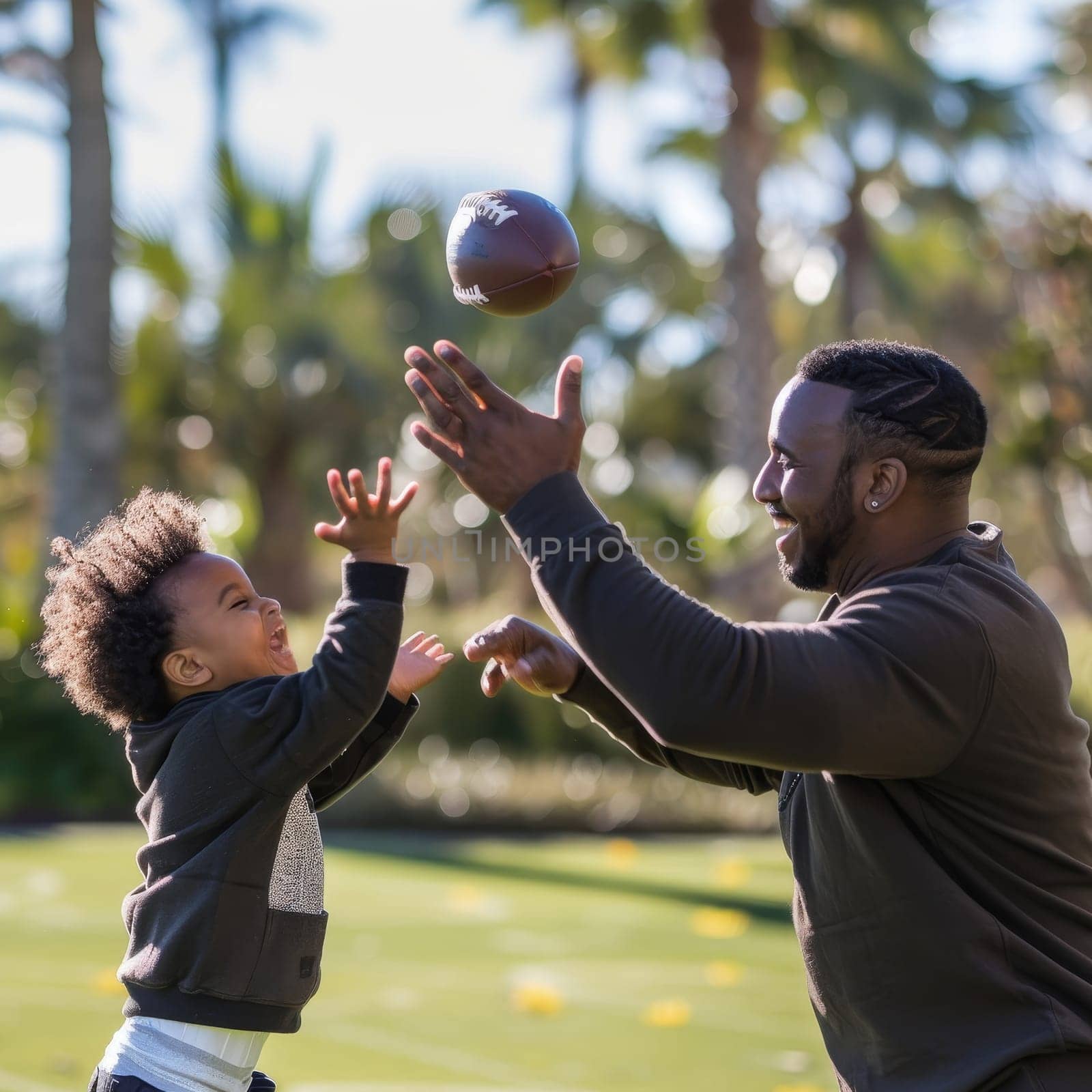 Father and son sharing a joyous moment playing football on a sunny day