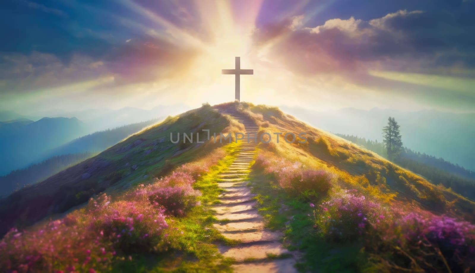 Footpath leading to a cross on top of the hill backlit by soft light beams. Heavenly beautiful background for Easter Christian holiday. Conceptual scene for religion and faith