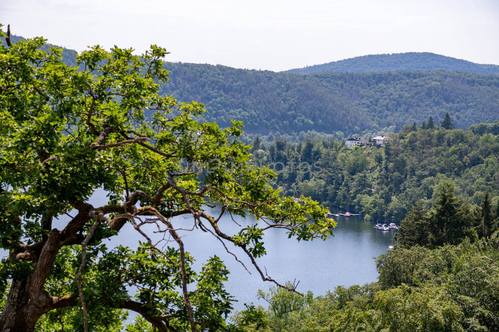 View of the Lake Eder with house and ship, Hesse, Germany