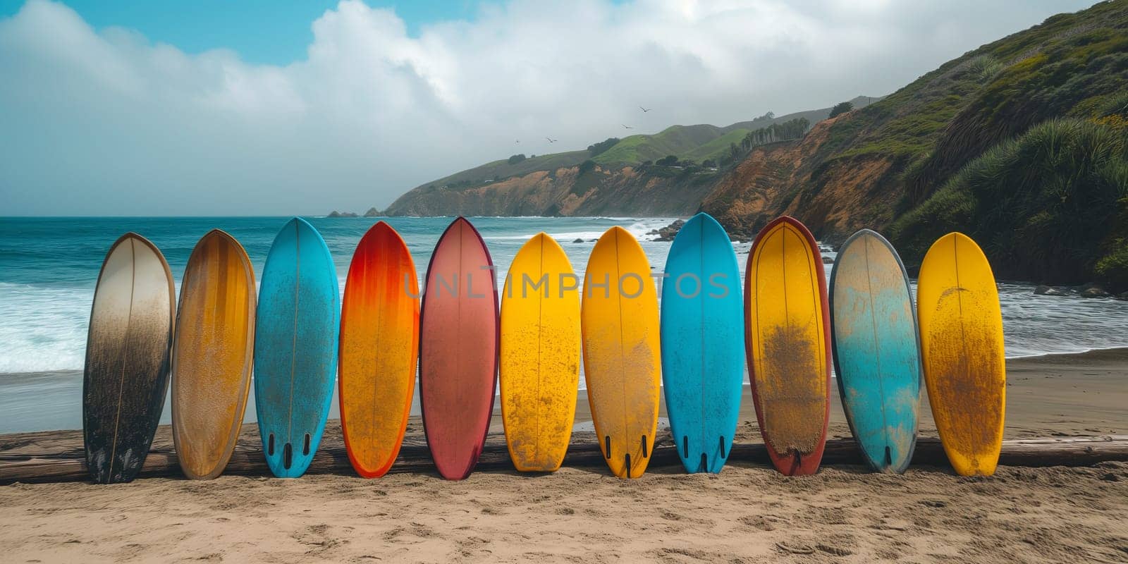 Colorful surfboard standing on an empty beach, waves of the ocean, summer season, vacation by the sea