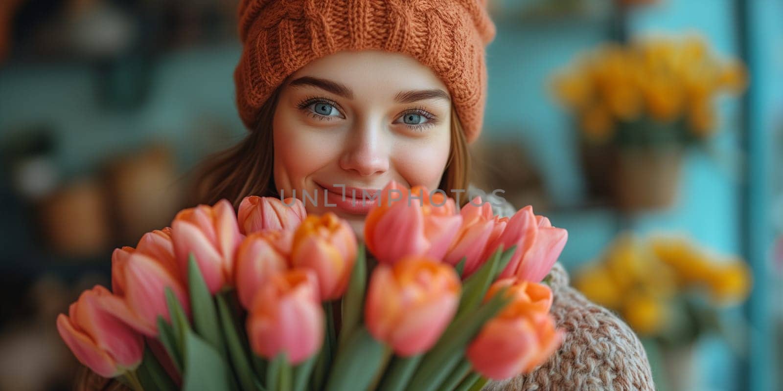 Woman with bunch of tulips, daughter brings mother flowers for mothers day, birthday and friendship concept