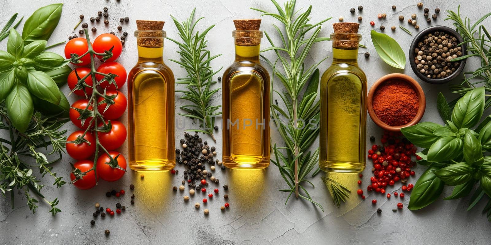 Olive oil with fresh herbs, spice rosemary and basil leaf, pepper and tomato, mediterranean food ingredients