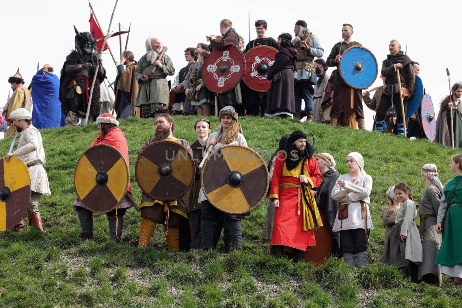 Krakow, Poland - April 11, 2023: Unidentified participants of Rekawka - Polish tradition, celebrated in Krakow on Tuesday after Easter. Currently has the character of festival historical reconstruction