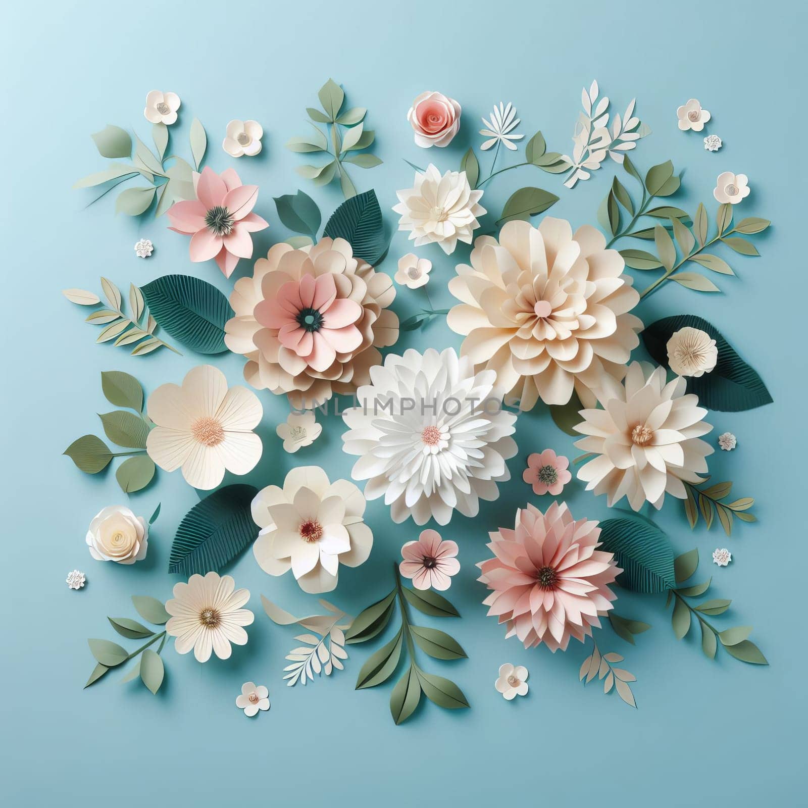Handcrafted paper flowers and leaves in white and pink hues against a soft blue backdrop