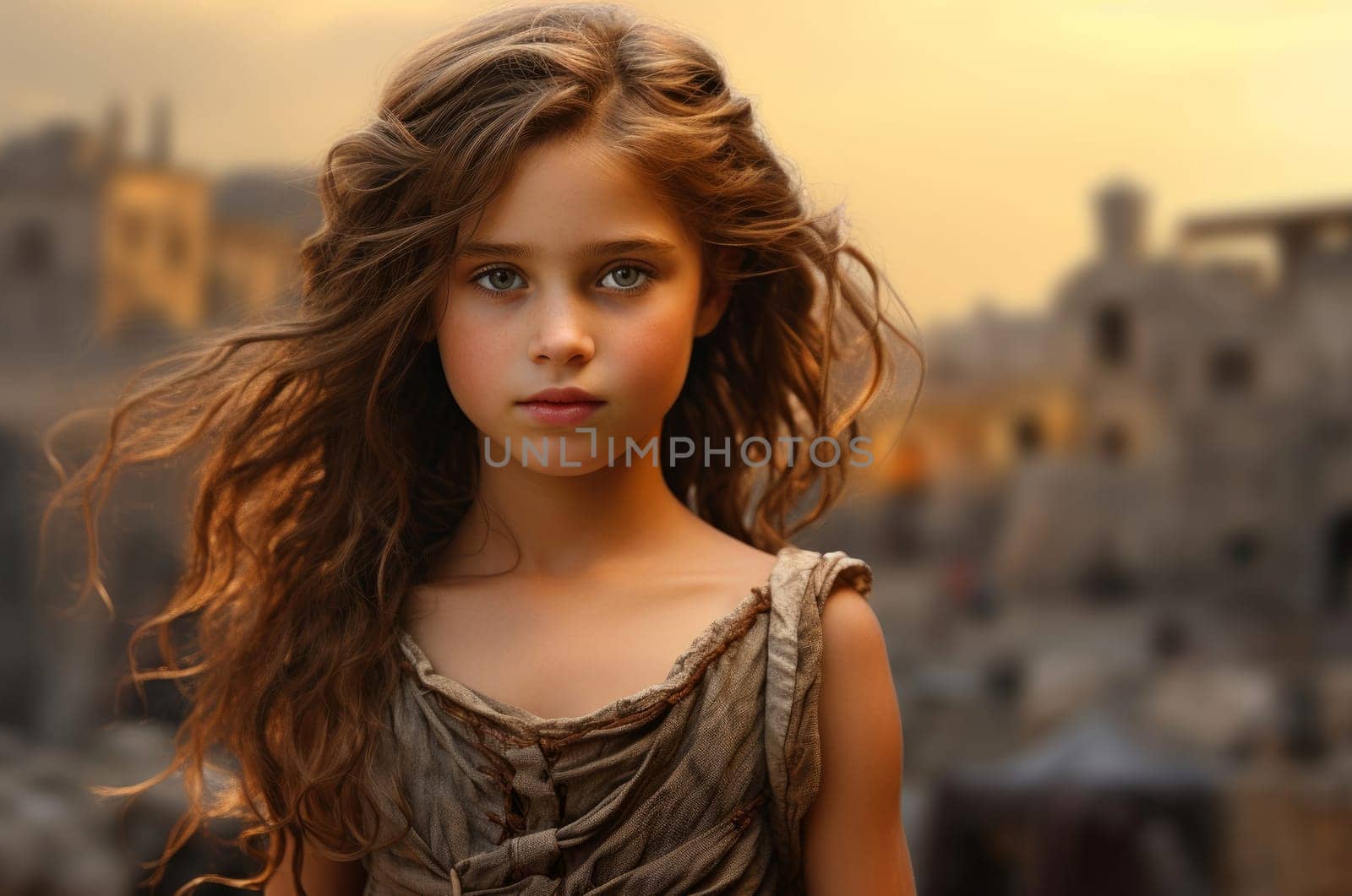 Historical Child girl ancient greek city. Tourism history. Generate Ai