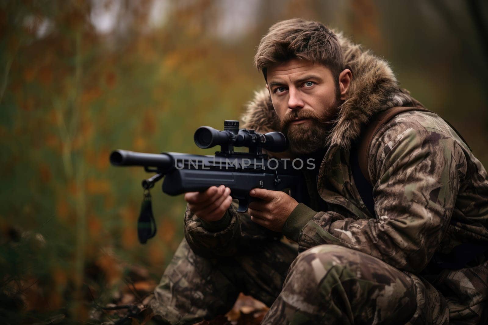 Alert Man wearing camouflage and aiming with hunting rifle in forest. Outdoor ammo game hunter. Generate Ai