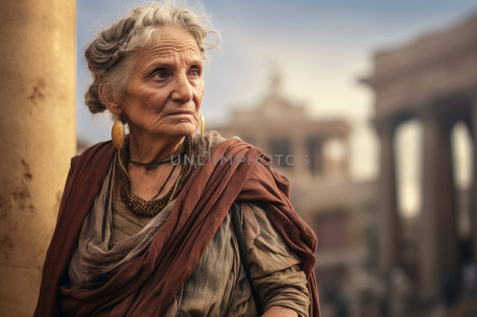 Atmospheric Greek old woman ancient city. Culture city. Generate Ai