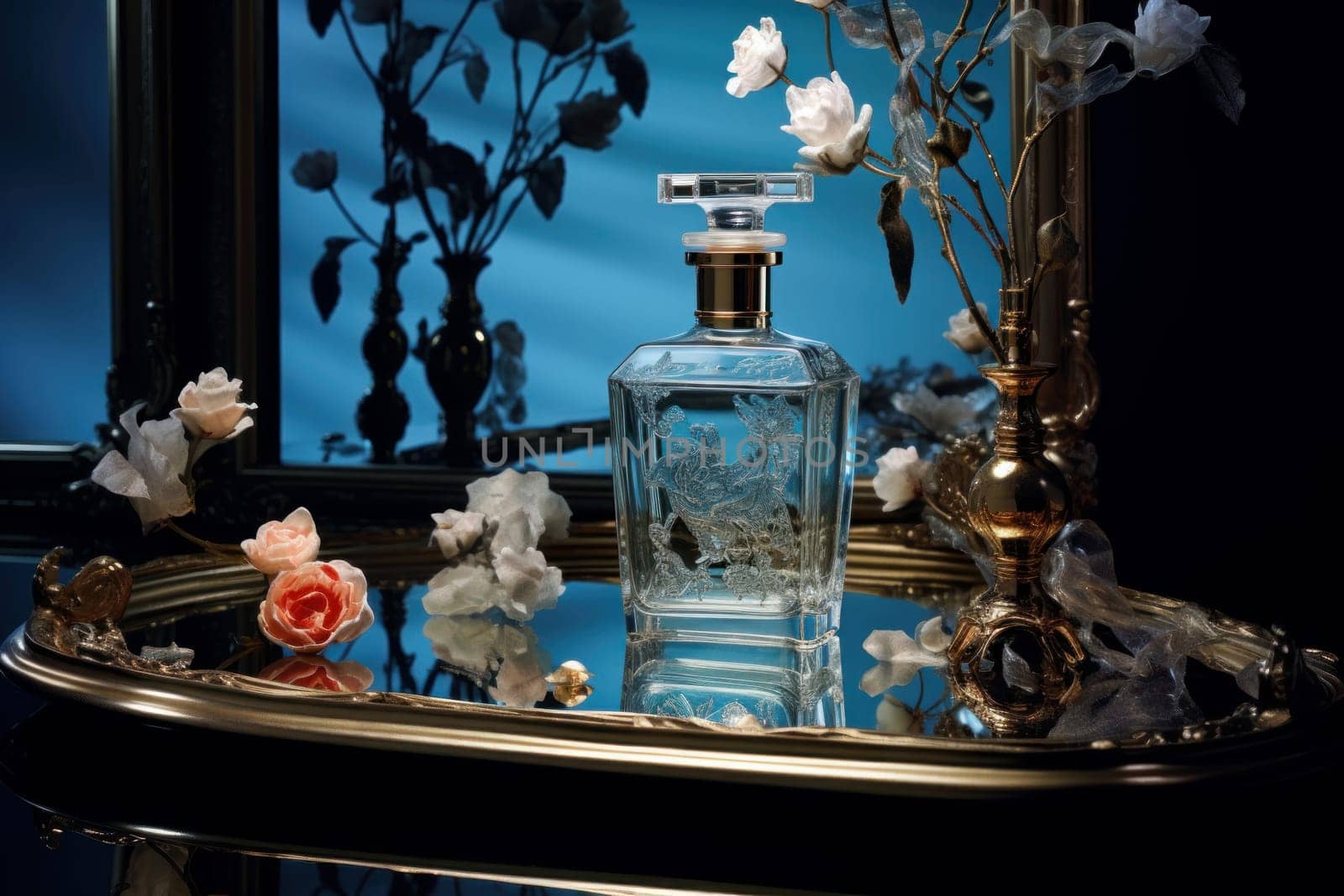 Reflective Perfume mirror. Glamour empty glass. Generate Ai