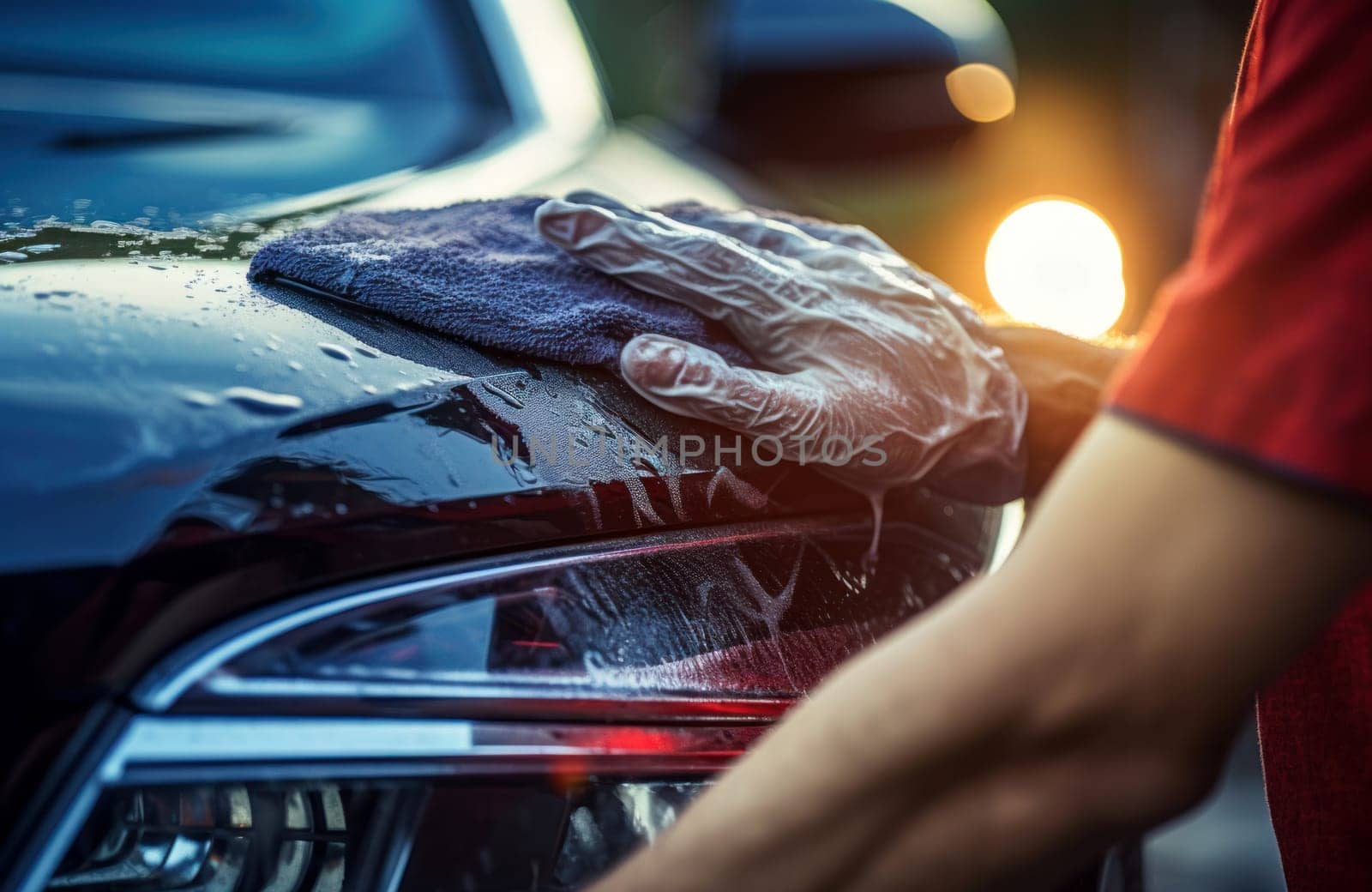 Industrious Man washing car headlight with rag closeup. Vehicle waxing shiny clean care. Generate Ai