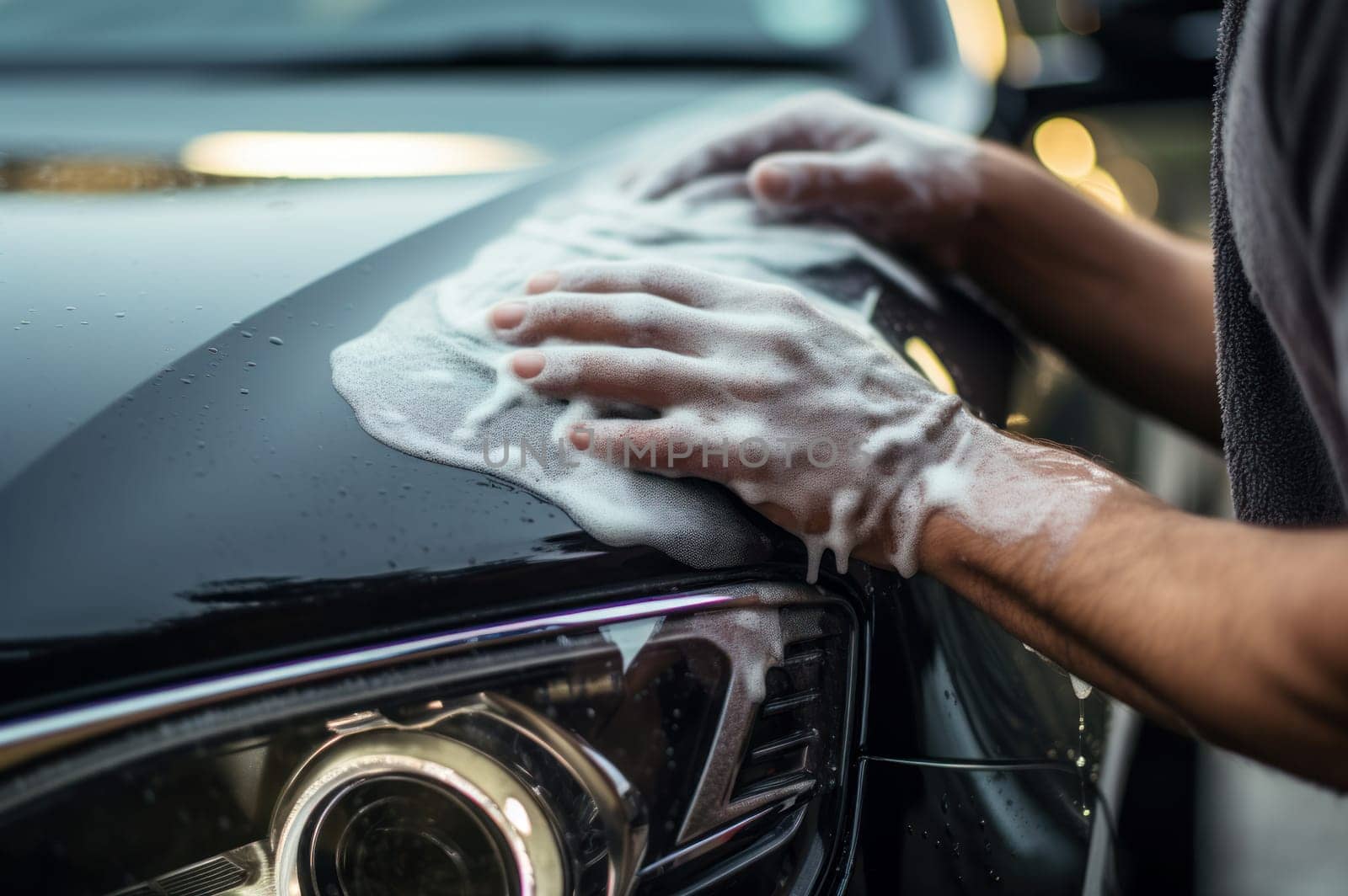 Attentive Man washing car headlight with rag closeup. Vehicle waxing shiny clean care. Generate Ai