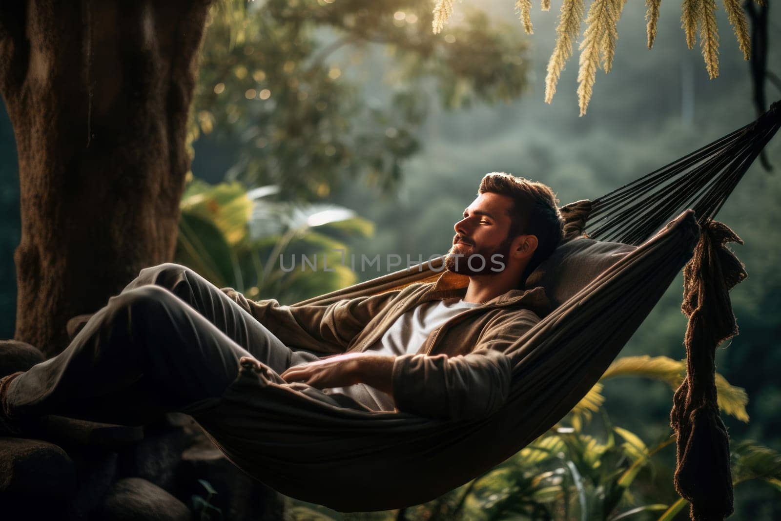 Lazy Man resting hammock outdoor. Male pleasure. Fictional person. Generate Ai