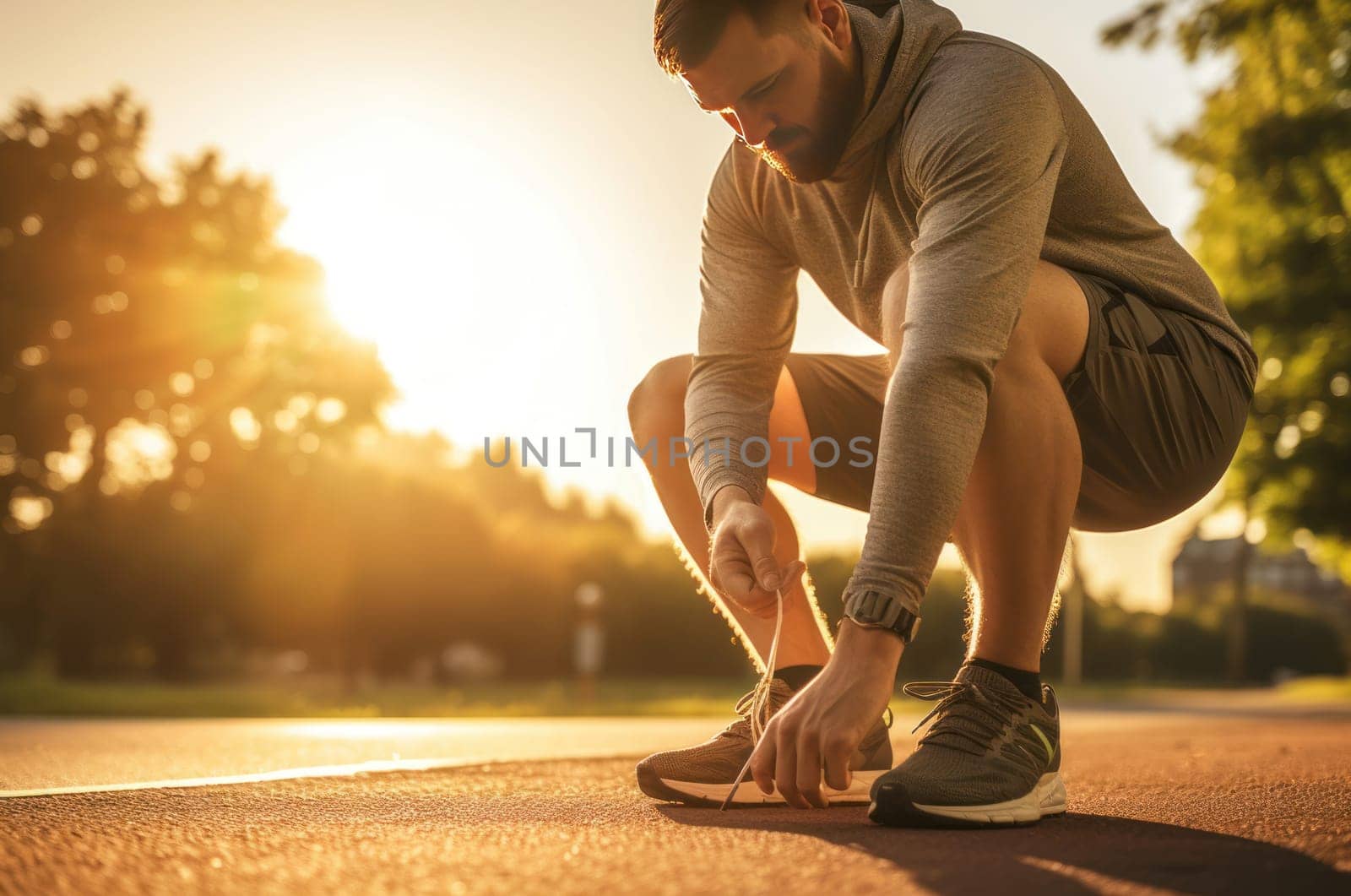 Prepared Man tying shoelaces before training. Active outdoor athlete lifestyle. Generate Ai