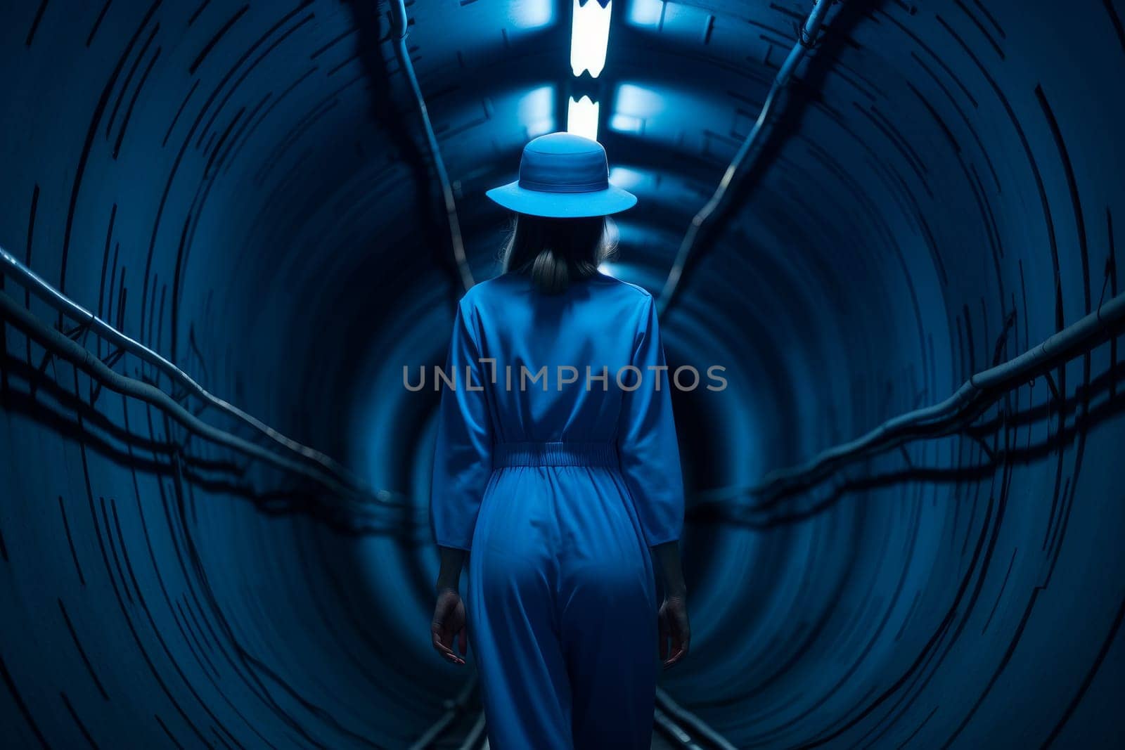 Sleek Modern cute woman underground bunker. City interior. Generate Ai