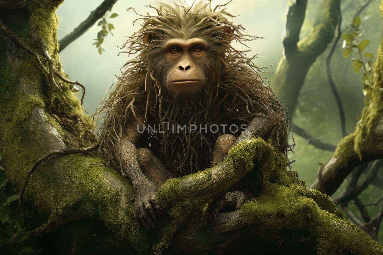Sprawling Monkey tree forest nature. Small tail. Generate Ai