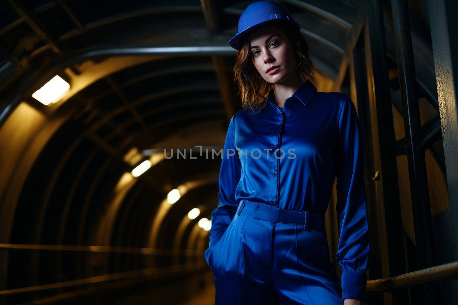 Cozy Modern cute woman underground bunker. City interior. Generate Ai