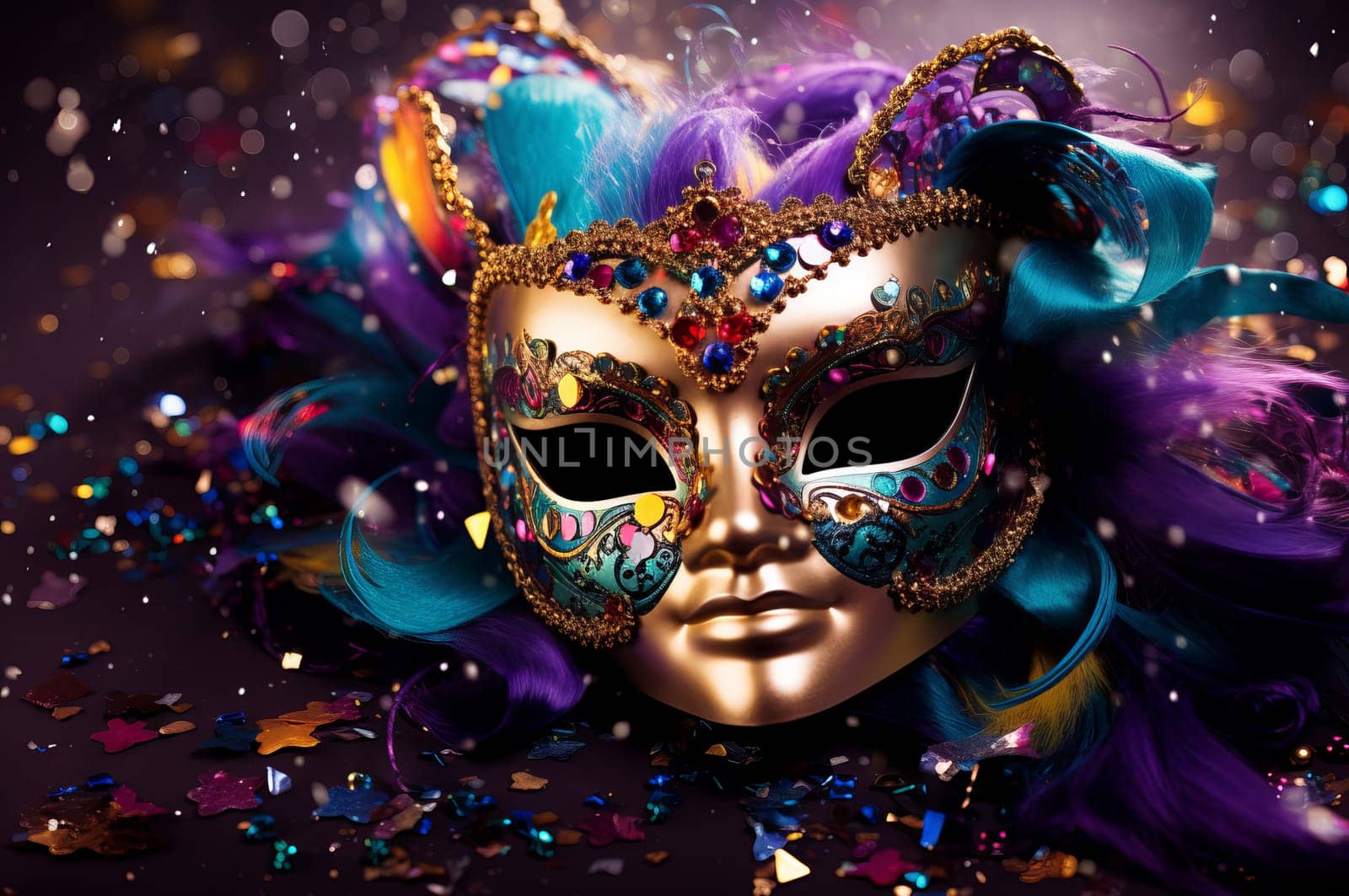 Exotic Mardi gras mask. New venetian costume. Generate Ai