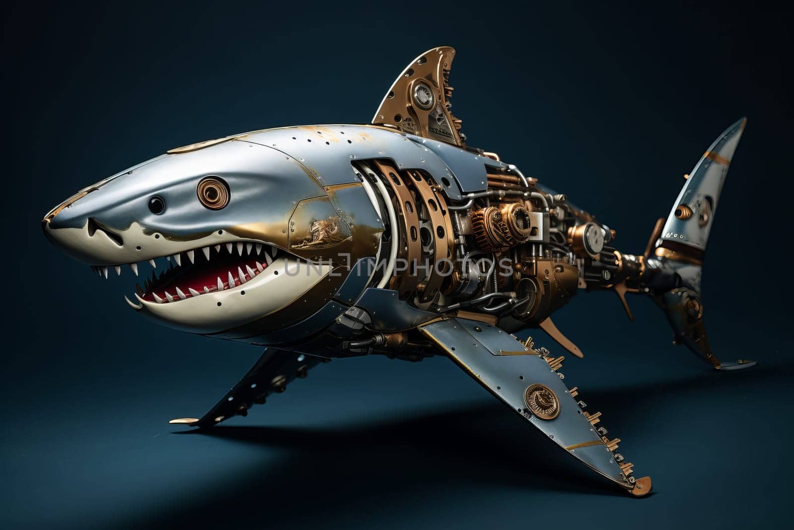 Metallic Blue mechanical shark gears. Ocean future. Generate Ai