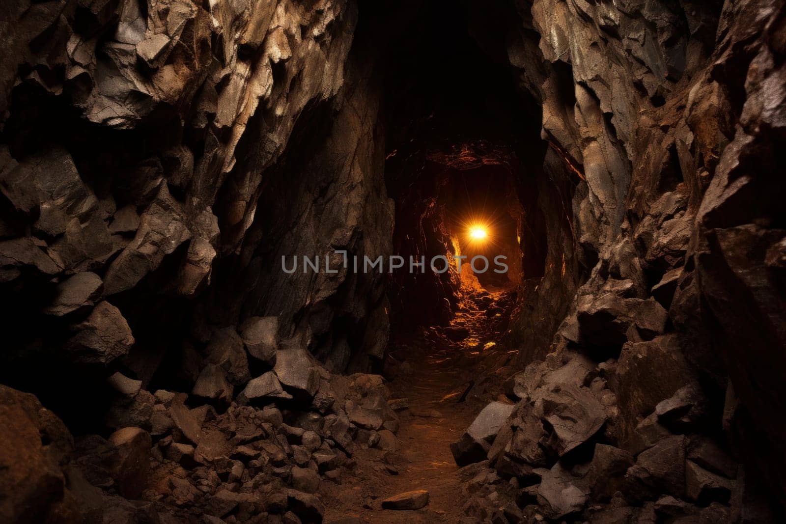 Rusty Mine tunnel cave railway. Rock dark mineral. Generate Ai