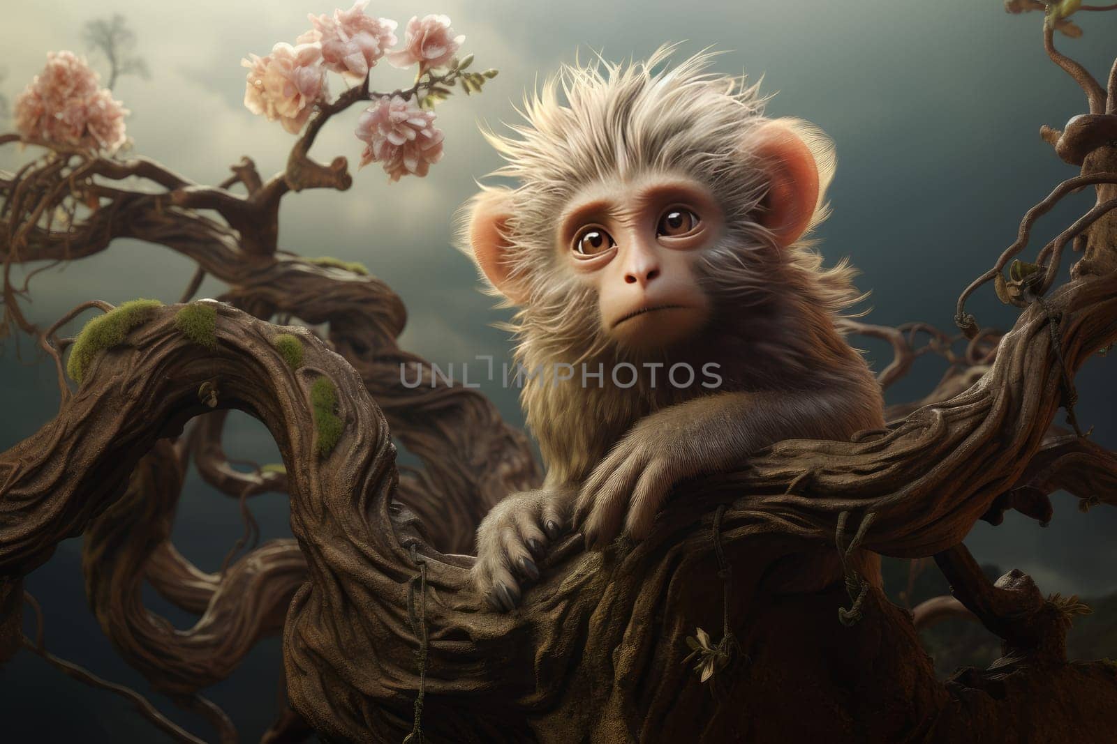 Lush Monkey tree forest nature. Small tail. Generate Ai