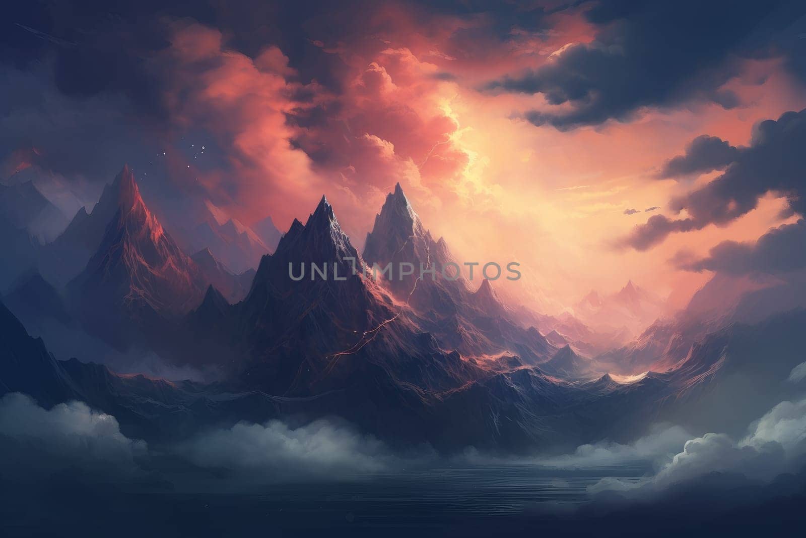 Dreamlike Mountain clouds. Cloud peak winter. Generate Ai