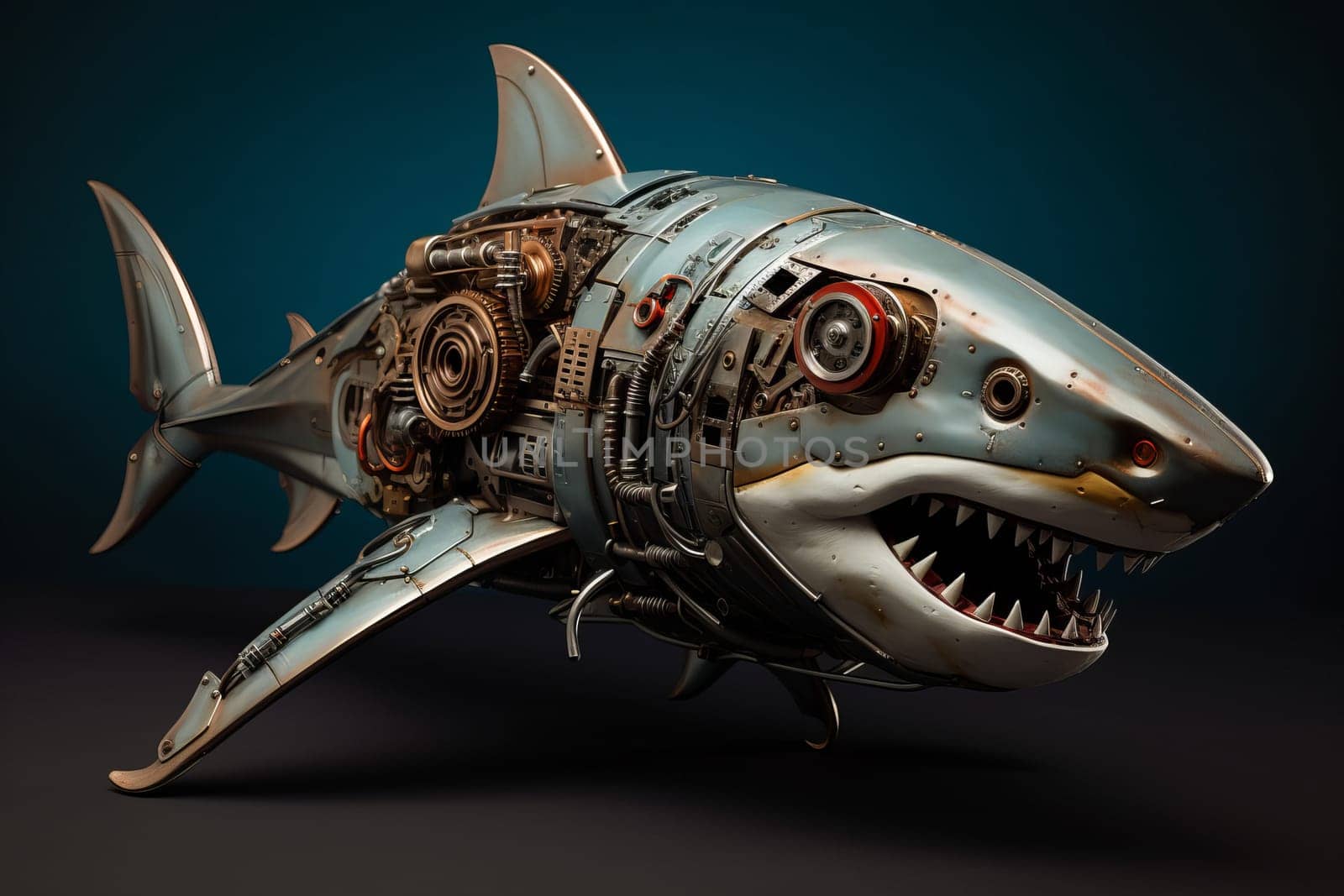 Vibrant Blue mechanical shark gears. Ocean future. Generate Ai