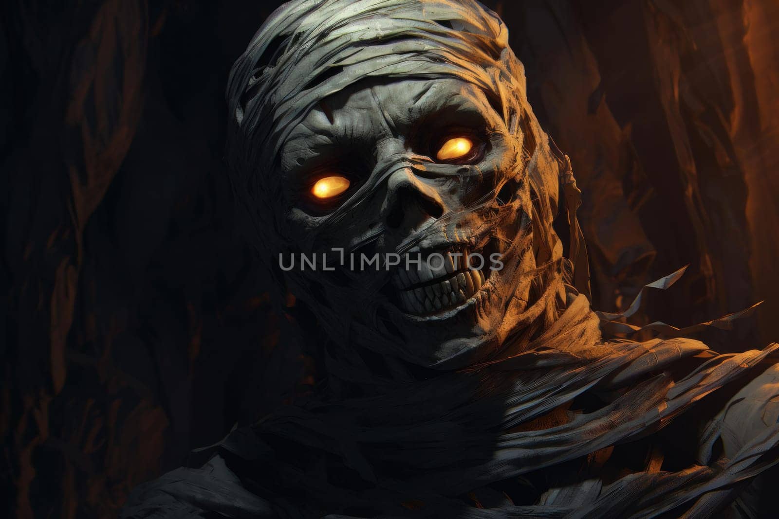 Eerie Mummy night street portrait digital art. Face zombie spooky eyes. Generate Ai