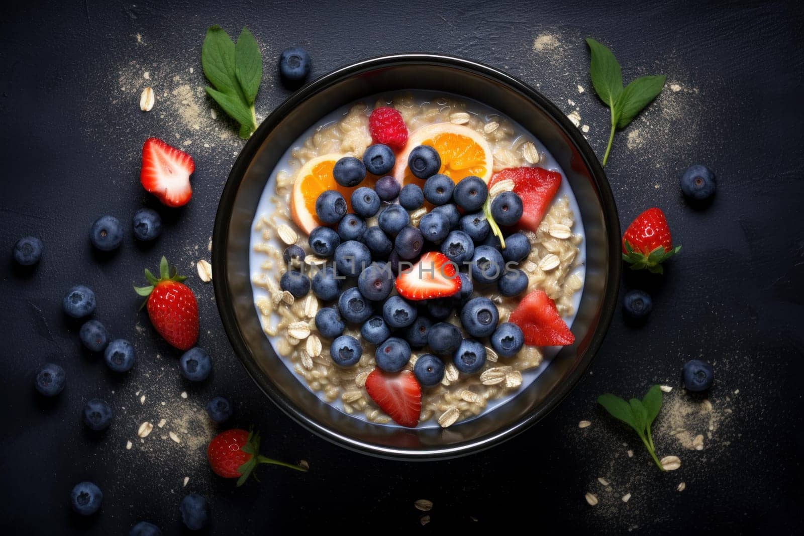 Sweet Muesli oats fruits topview. Fresh oat. Generate Ai