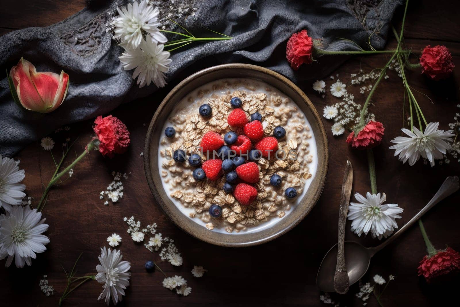 Organic Muesli oats fruits topview. Fresh oat. Generate Ai
