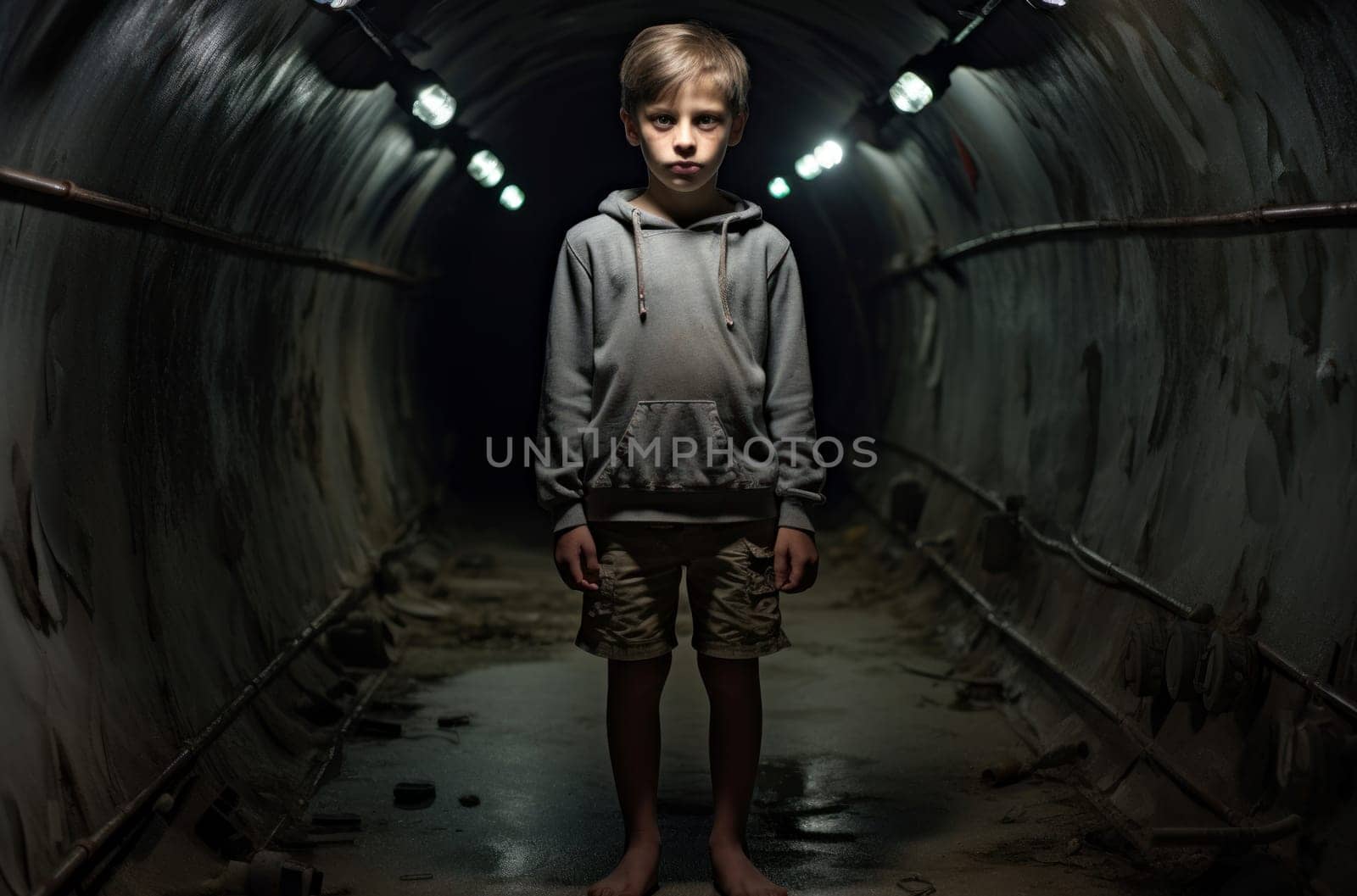 Modern child boy underground bunker. Light concrete. Generate Ai