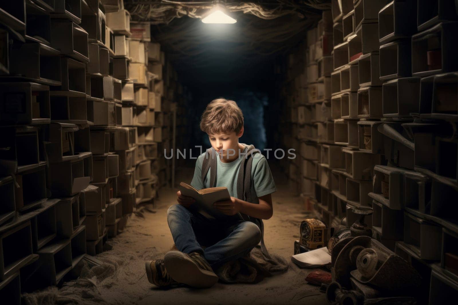 Secure Modern child boy underground bunker. Light concrete. Generate Ai