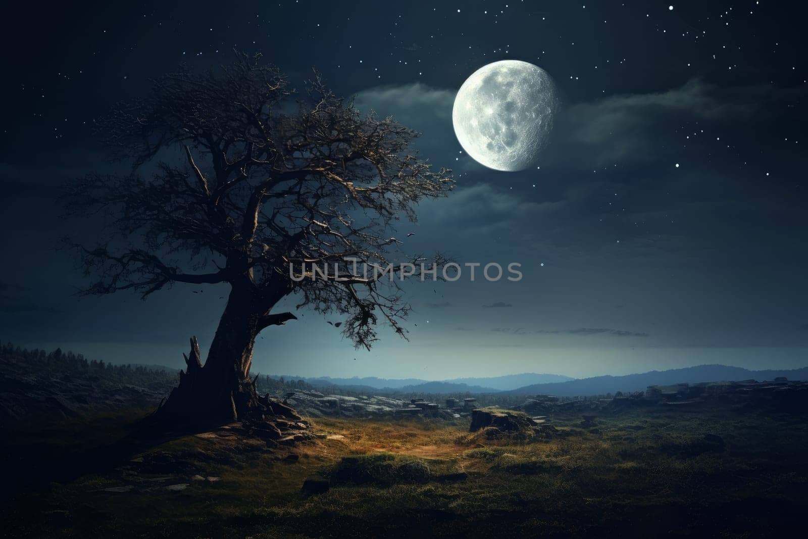 Luminous Moon meadow tree. Dark star. Generate Ai