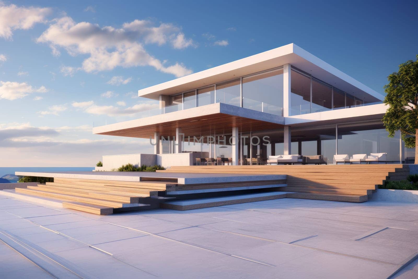 Futuristic Modern sunny house. With green grass. Generate Ai