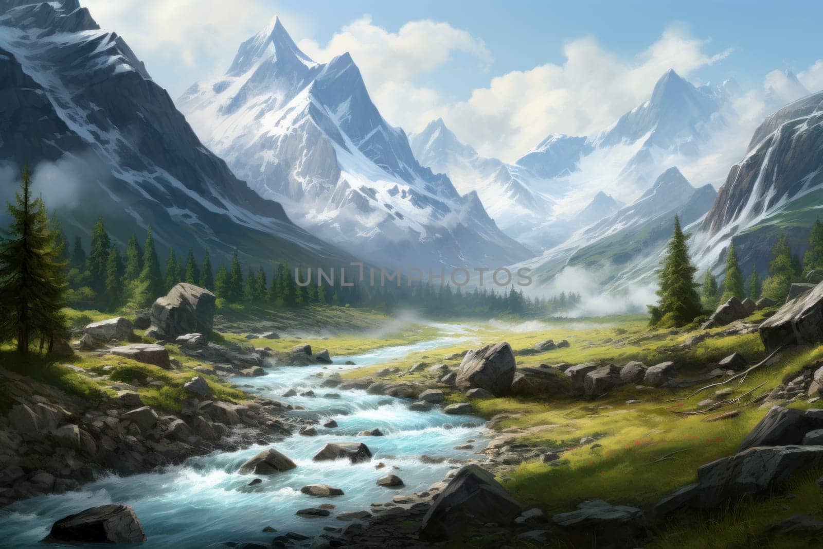 Panoramic Mountain landscape. Scenic tourism adventure. Generate Ai
