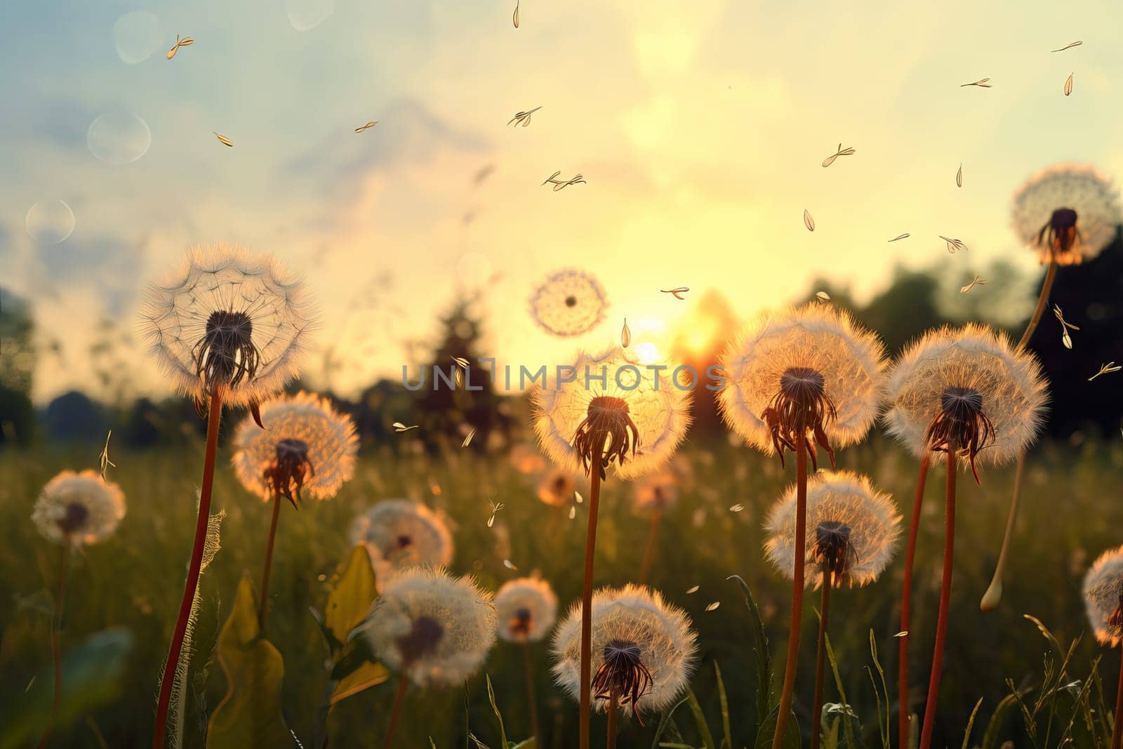 Untamed Meadow dandelions. Dandelion season plants. Generate Ai