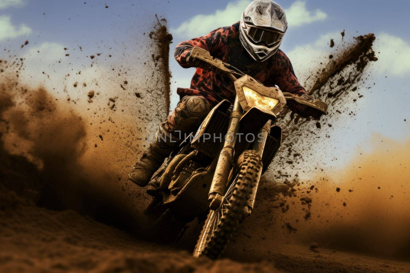 Muddy Motocross crossing dirt. Rider race. Generate Ai